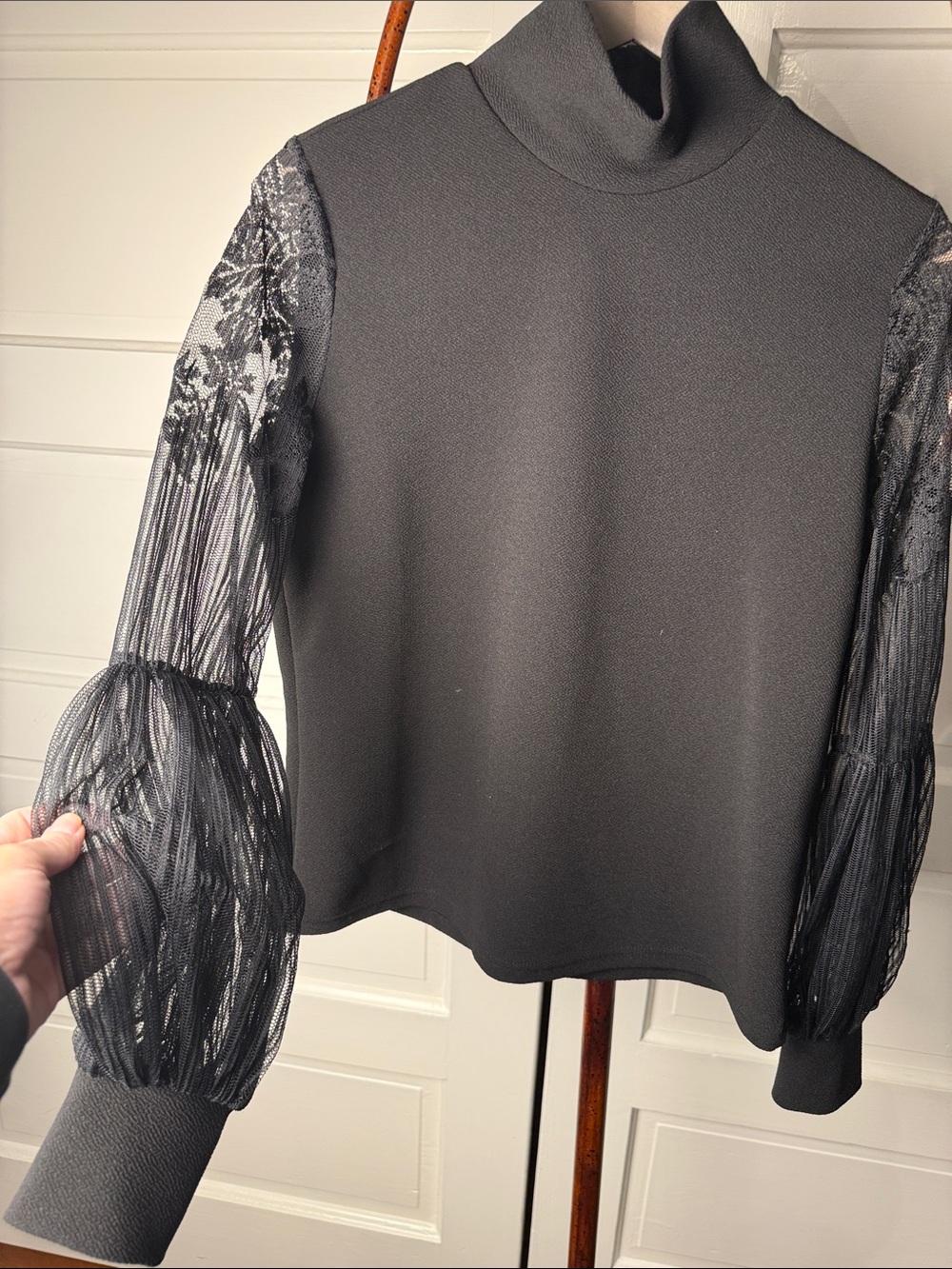 Lace balloon sleeve Black Mock Neck holiday Top
